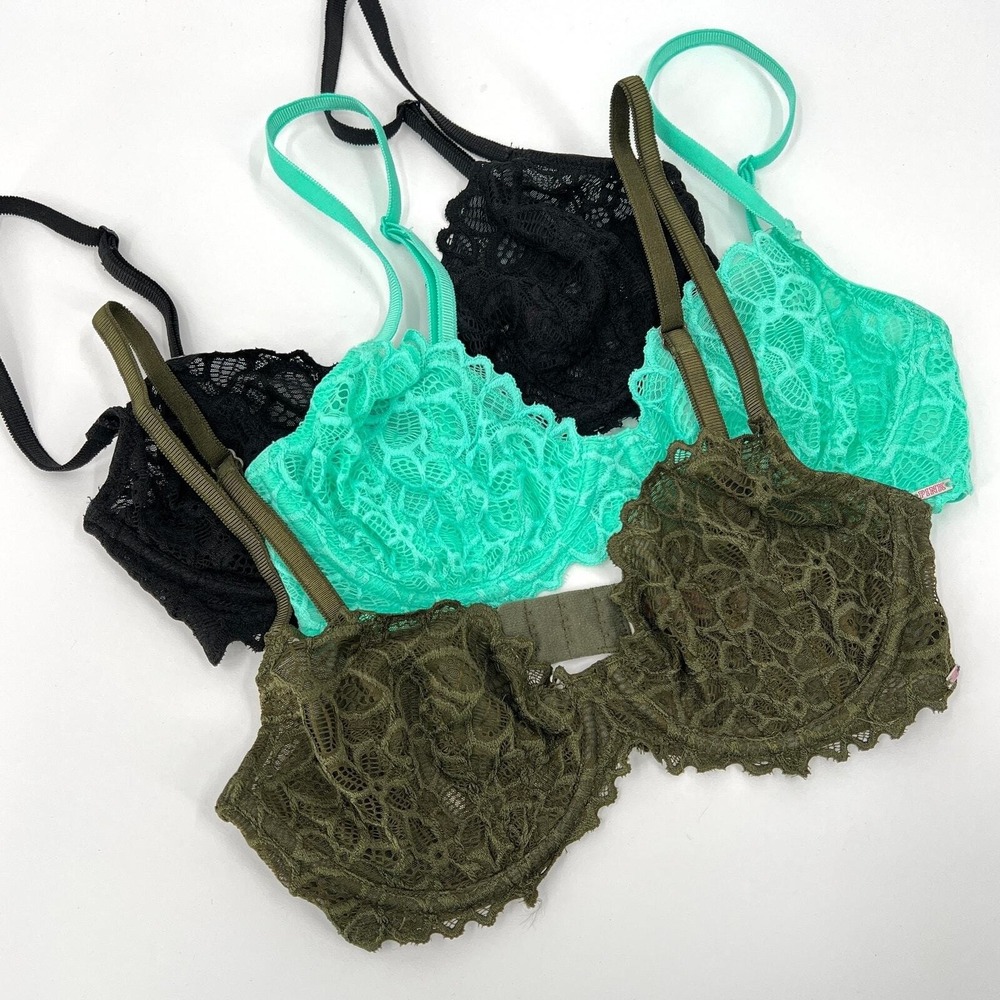 VICTORIAS SECRET PINK Lace Bra Womens 32D Underwire Black Olive Turquoise 3 Pcs